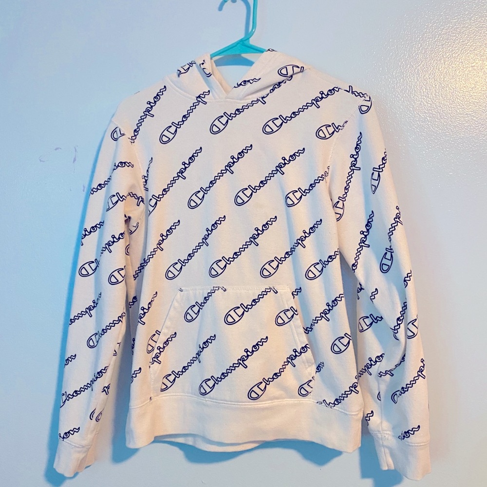 white champion hoodie with script allover